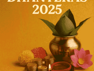 Dhanteras 2025 festive offering with diya, gold coins, and Kalash