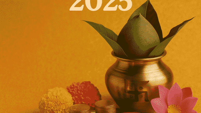 Dhanteras 2025 festive offering with diya, gold coins, and Kalash