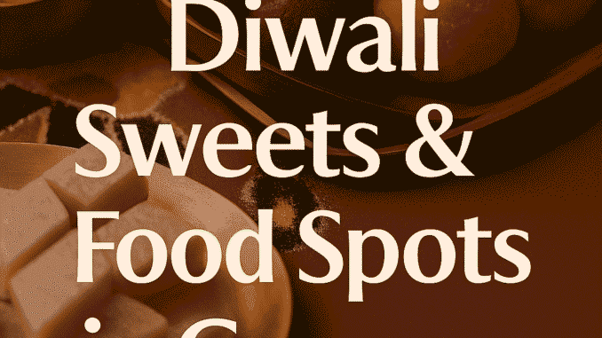 Diwali sweets and food spots in Gurgaon featuring traditional Indian desserts with diyas and rangoli decoration.
