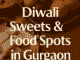 Diwali sweets and food spots in Gurgaon featuring traditional Indian desserts with diyas and rangoli decoration.