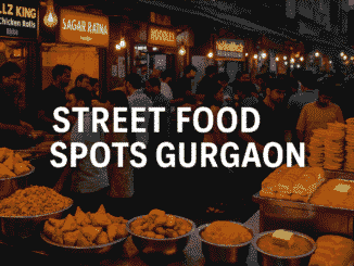 A vibrant evening street food scene in Gurgaon with people enjoying samosas, pav bhaji, and chaats at glowing food stalls.
