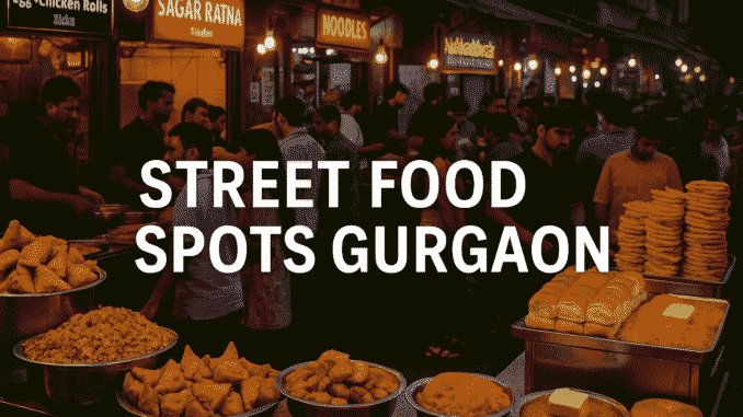 A vibrant evening street food scene in Gurgaon with people enjoying samosas, pav bhaji, and chaats at glowing food stalls.