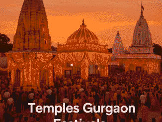 Temples Gurgaon Festivals illuminated at sunset with devotees celebrating in a divine atmosphere.