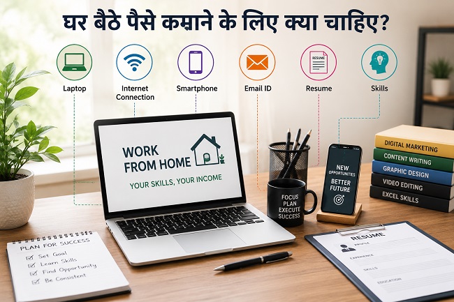 घर बैठे पैसे कमाने के लिए Laptop, Smartphone, Internet, Resume और Skills