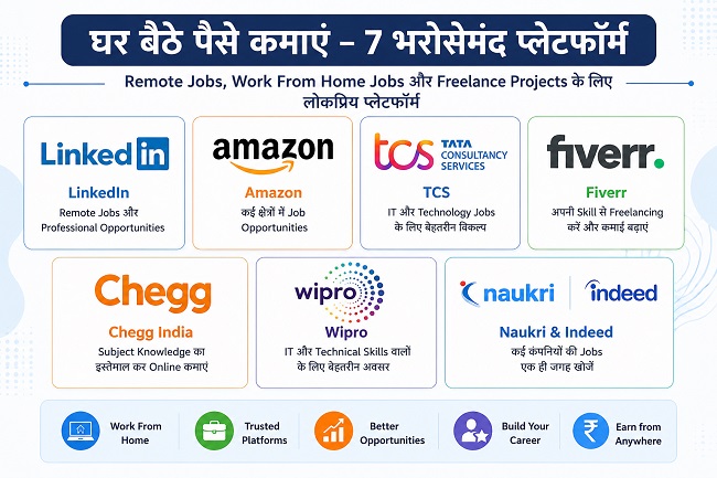 घर बैठे पैसे कमाने के लिए 7 भरोसेमंद प्लेटफॉर्म – LinkedIn, Amazon, TCS, Fiverr, Chegg, Wipro, Naukri और Indeed